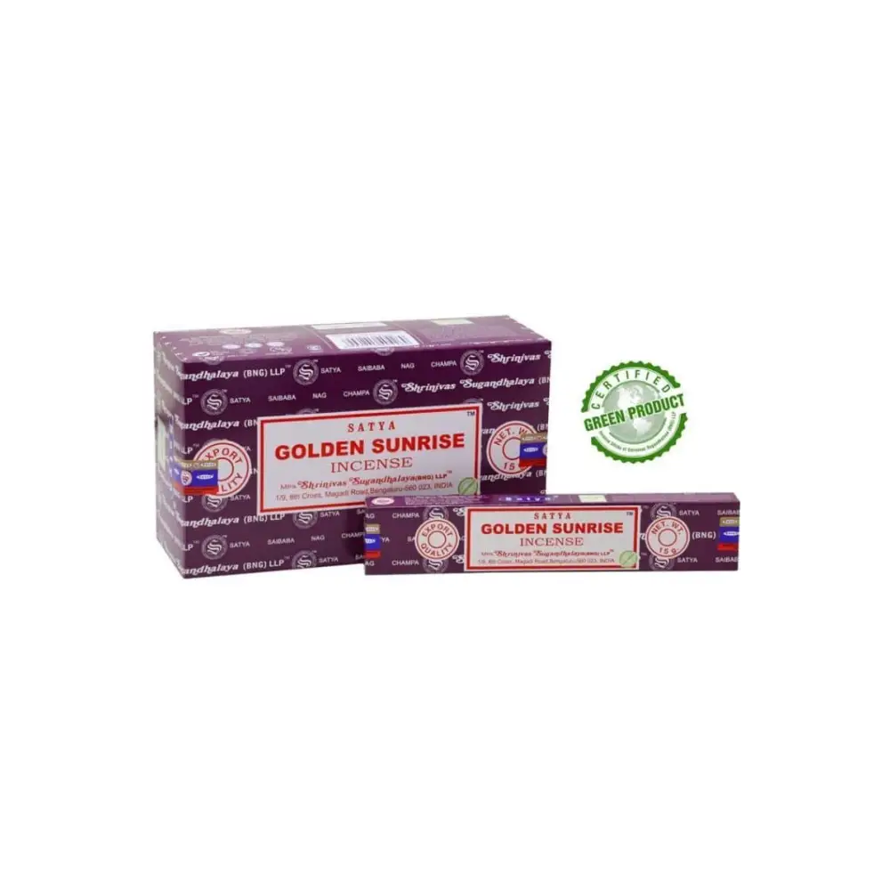 Satya Golden Sunrise Räucherstäbchen in Lila-Weiß-Verpackung