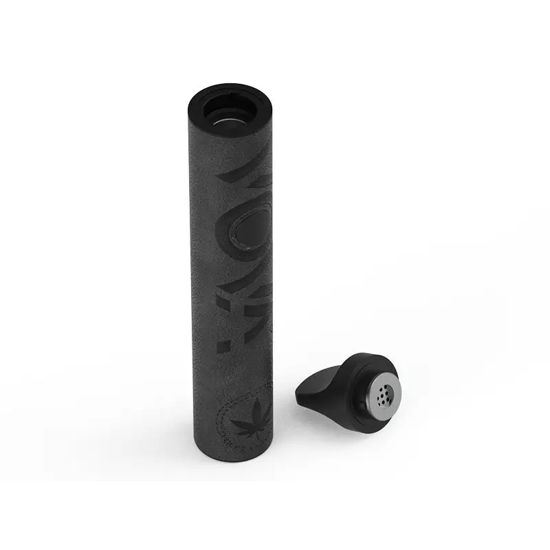 Vova Vaporizer Back leather: schwarzer Zylinder mit Lederoptik und Logo