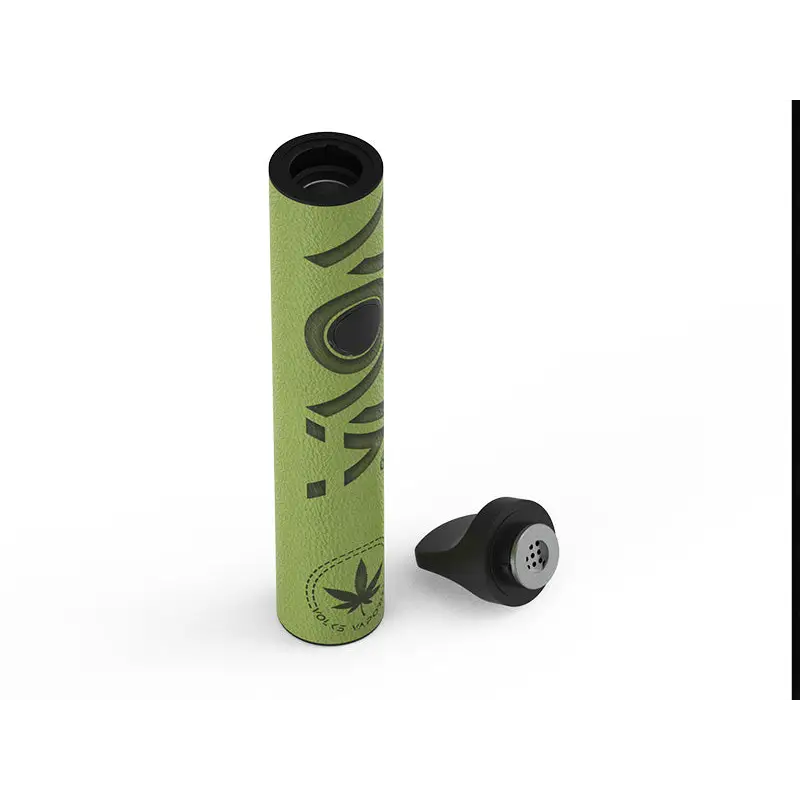 Vova Vaporizer Green Leather: grüner zylindrischer Vape mit Cannabis-Blatt-Logo