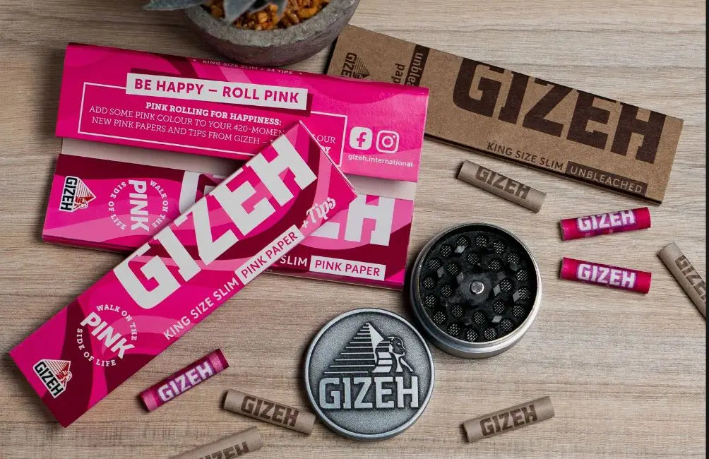 Gizeh Blättchen King Size Slim pink mit passenden Tips und Grinder
