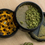 4-teiliger Aluminium-Grinder schwarz-gelb mit Pollenfach und grünem Cannabis.