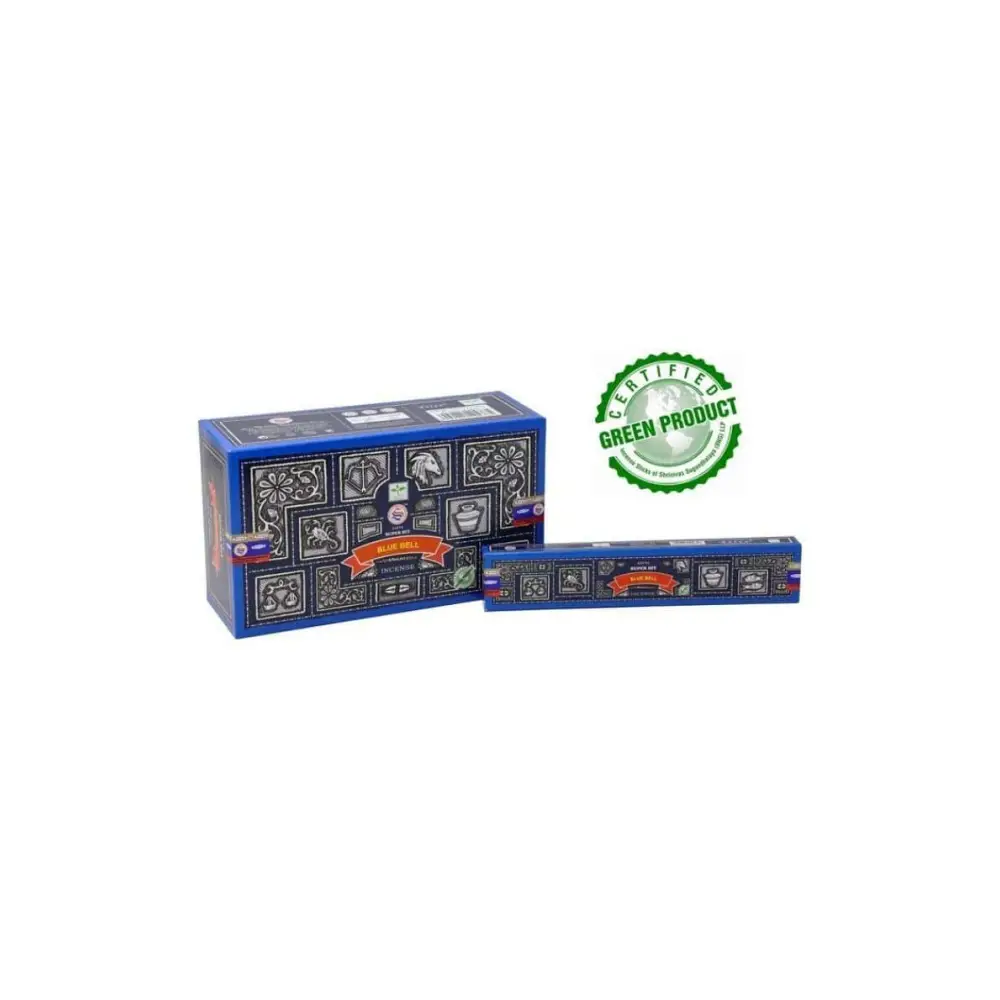 Blue Bell Räucherstäbchen: blaue Box mit Schwarz-Weiß-Muster und rotem Banner