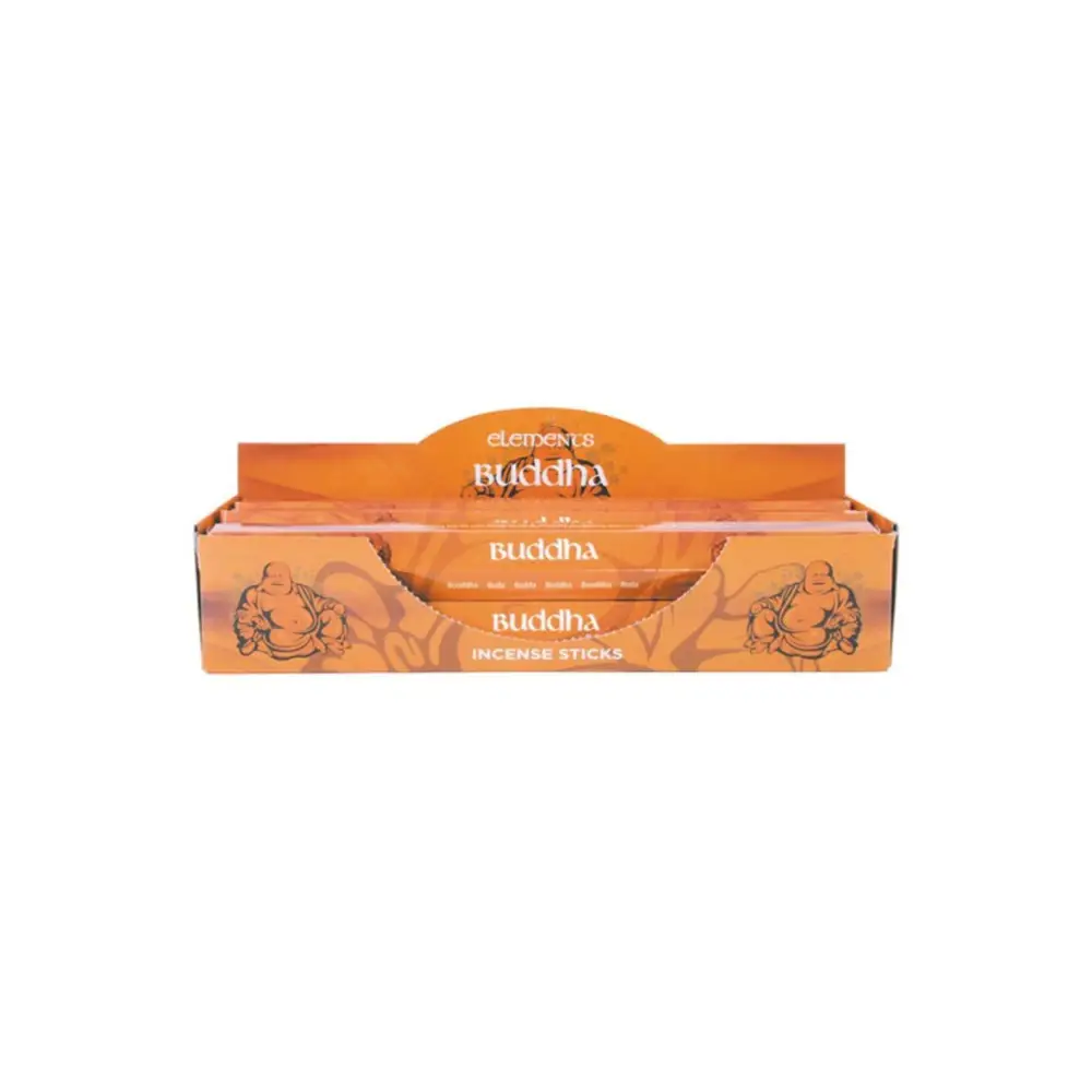 Orange Pappschachtel Buddha Räucherstäbchen von Elements mit lachenden Buddhas