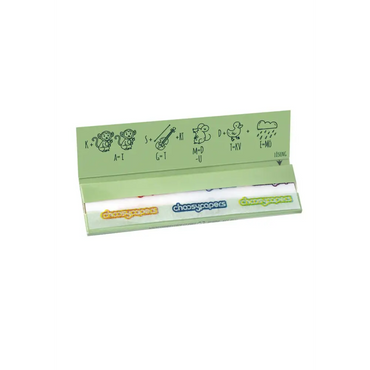 Hellgrüner Karton mit Choosypapers King Size Slim Papieren, bunten Tier-Motiven