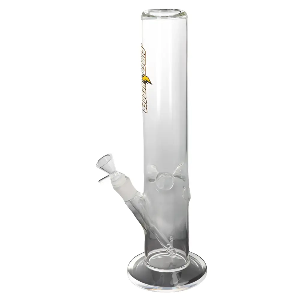 Glasbong Ice Zylinder 38 cm mit gebogenem Arm und gelbem Logo