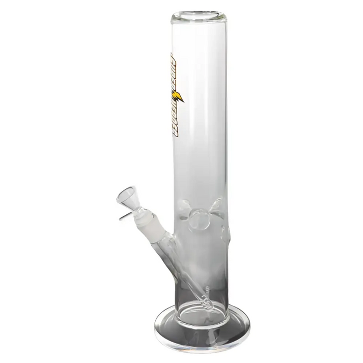 Glasbong Ice Zylinder 38 cm mit gebogenem Arm und gelbem Logo