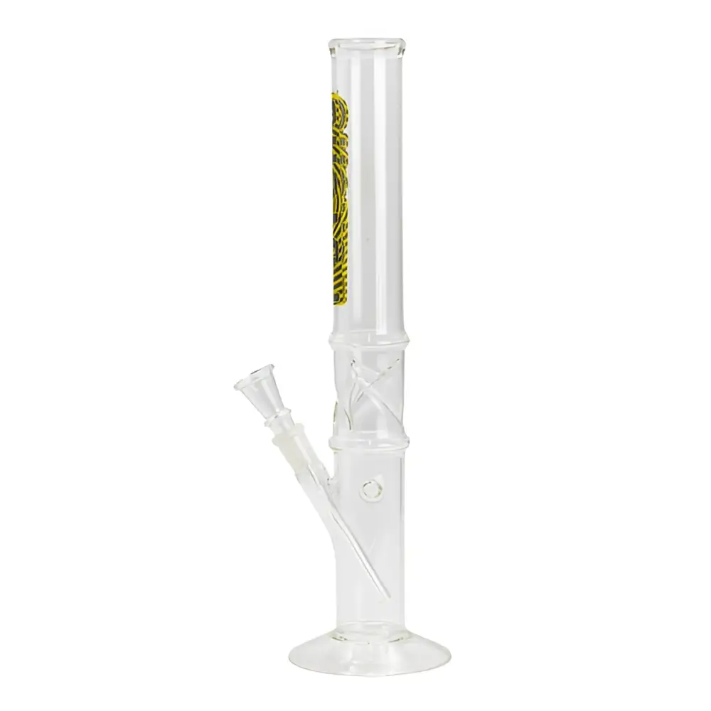 Glasbong Psycho Höhe 35 cm mit gelb-schwarzem Logo und Cross-Hatch-Muster, Headshop