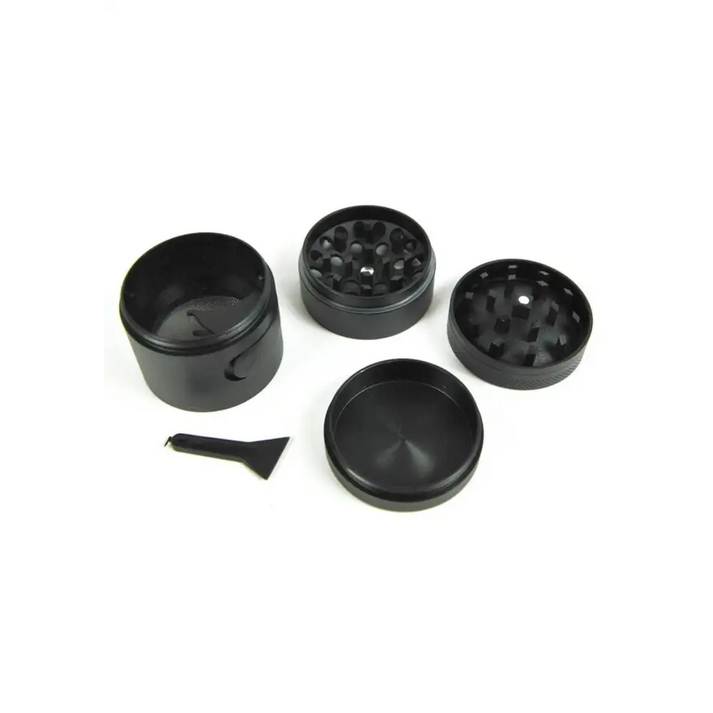 Schwarzer 4-teiliger Metall-Grinder schwarz matt mit Portionierer für Headshop