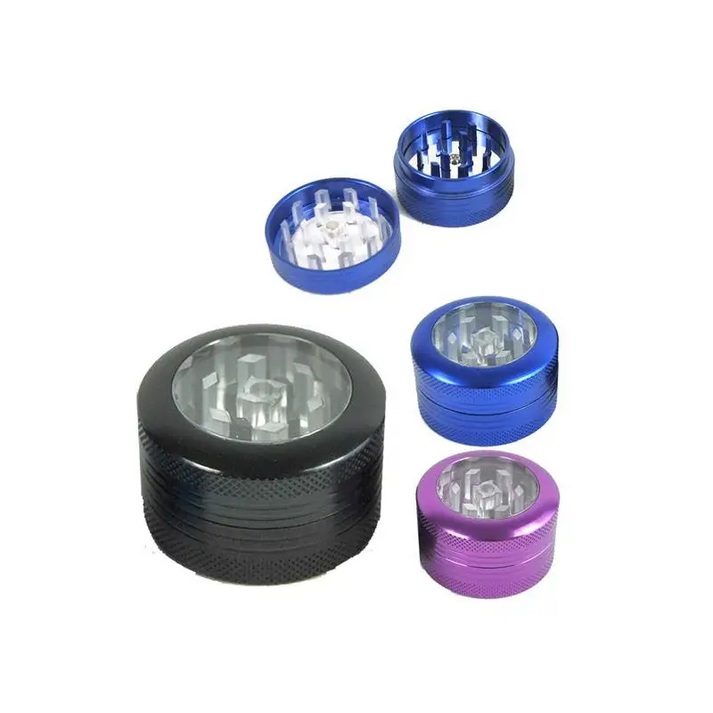 Blau-violette metallische Grinder Window 2-tlg mit Glasfenster für Headshop