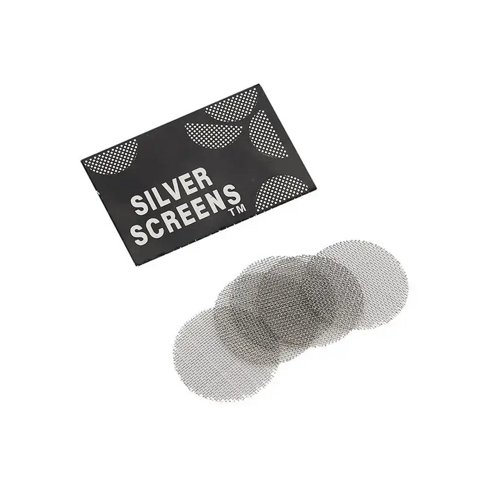 Silberne Mesh-Screens rund mit Silver Screens™ Karte im High Pipe Set für Headshop