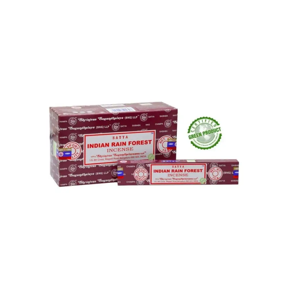 Satya Indian Rain Forest Räucherstäbchen in maroon-weißer Verpackung