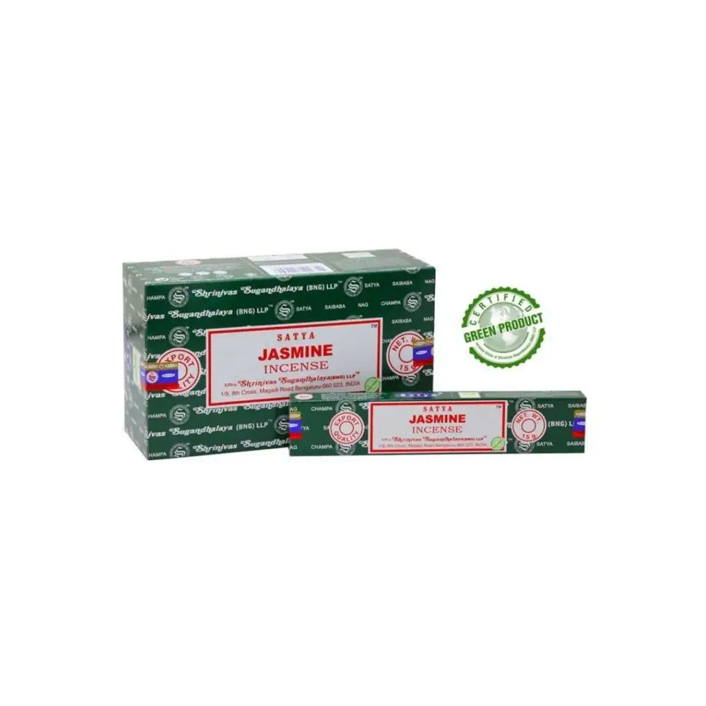 Satya Jasmin Räucherstäbchen grün-weiß mit roter Beschriftung