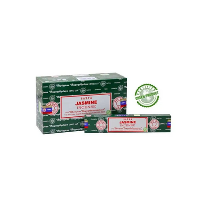 Satya Jasmin Räucherstäbchen grün-weiß mit roter Beschriftung