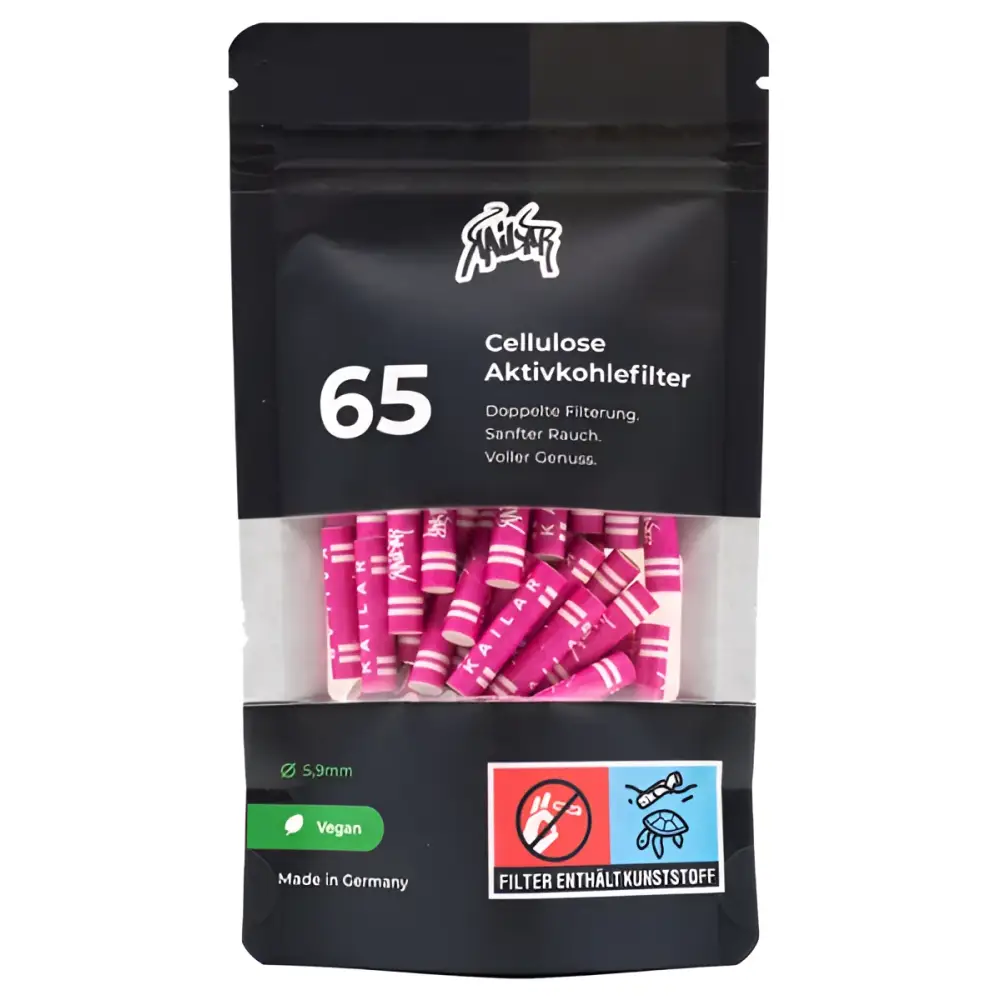 Kailar Pink Slim 65er Pack mit pinken Zellulose-Filtern in schwarzer Beutel
