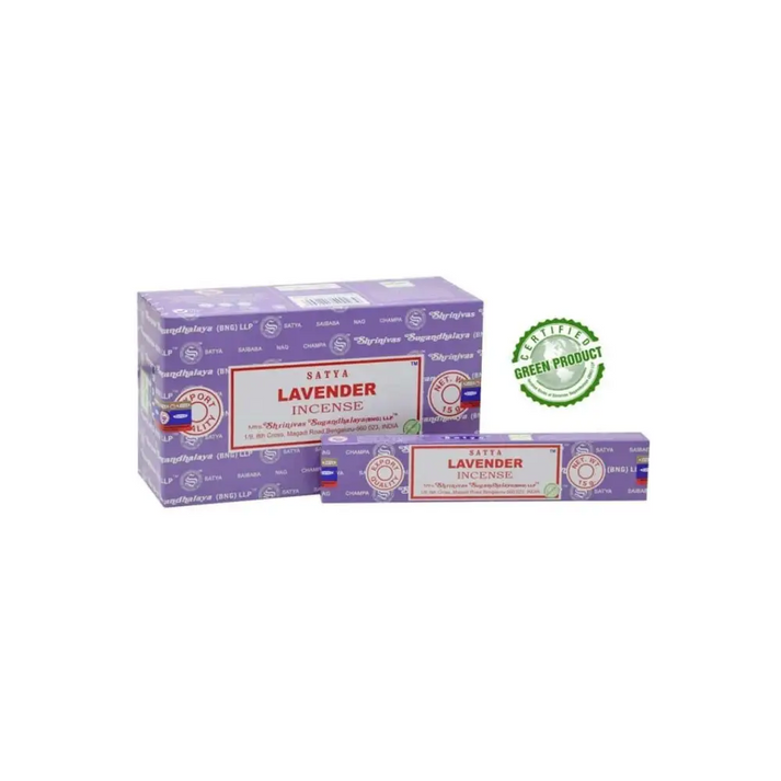 Lavendel Lavendel Satya Räucherstäbchen in lila-weißer Verpackung