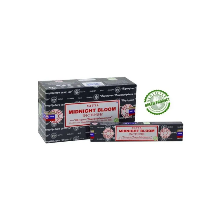 Satya Midnight Bloom Räucherstäbchen in schwarz-roter Verpackung mit Silberfolie und würzigem Unterton