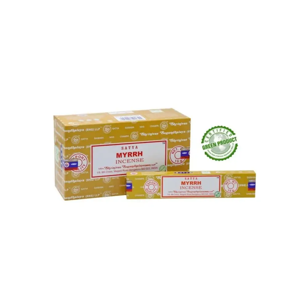 Satya Myrrhe Räucherstäbchen gelbe Kartonbox mit Etikett