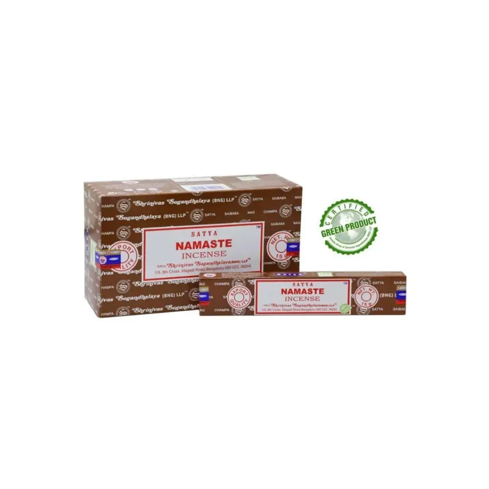 Braune Kartonbox Namaste Satya Räucherstäbchen mit roter weißer Beschriftung