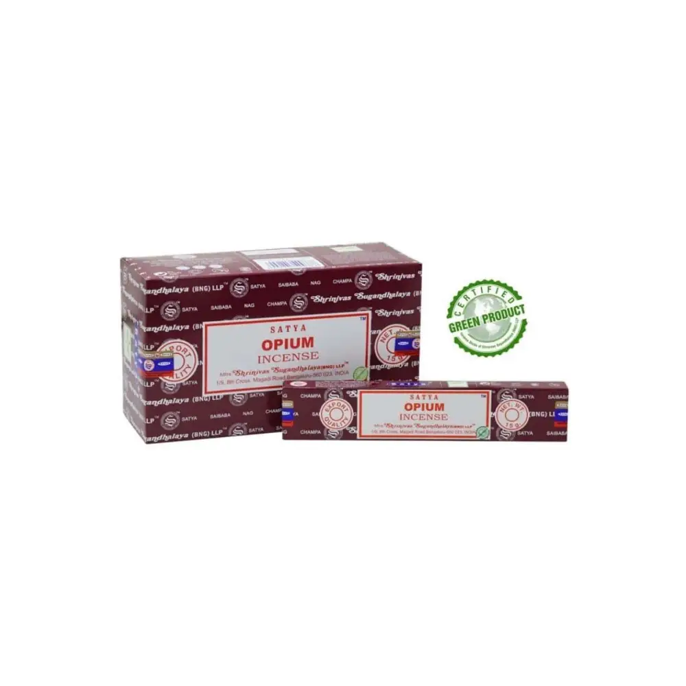 Satya Opium Räucherstäbchen in maroon-weißer Verpackung