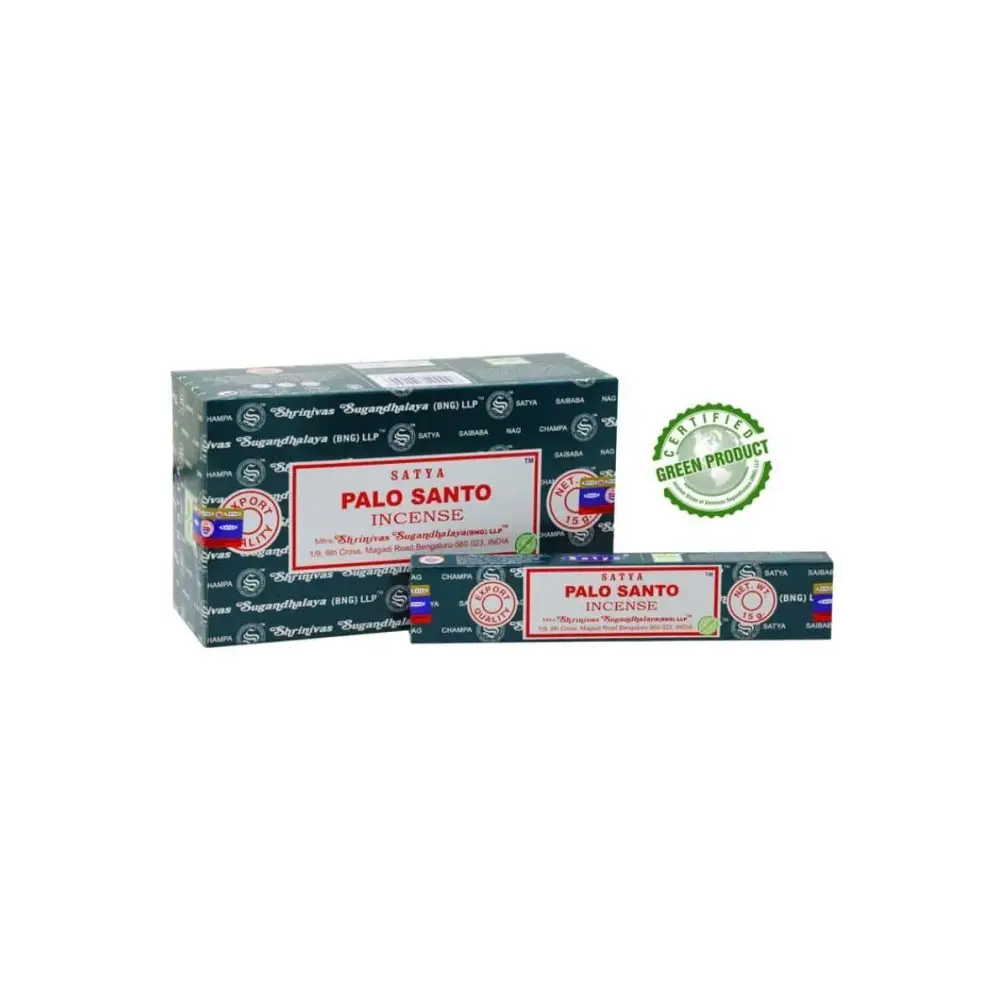 Dunkelgrüne Palo Santo Satya Räucherstäbchen-Box mit rot-weißer Beschriftung