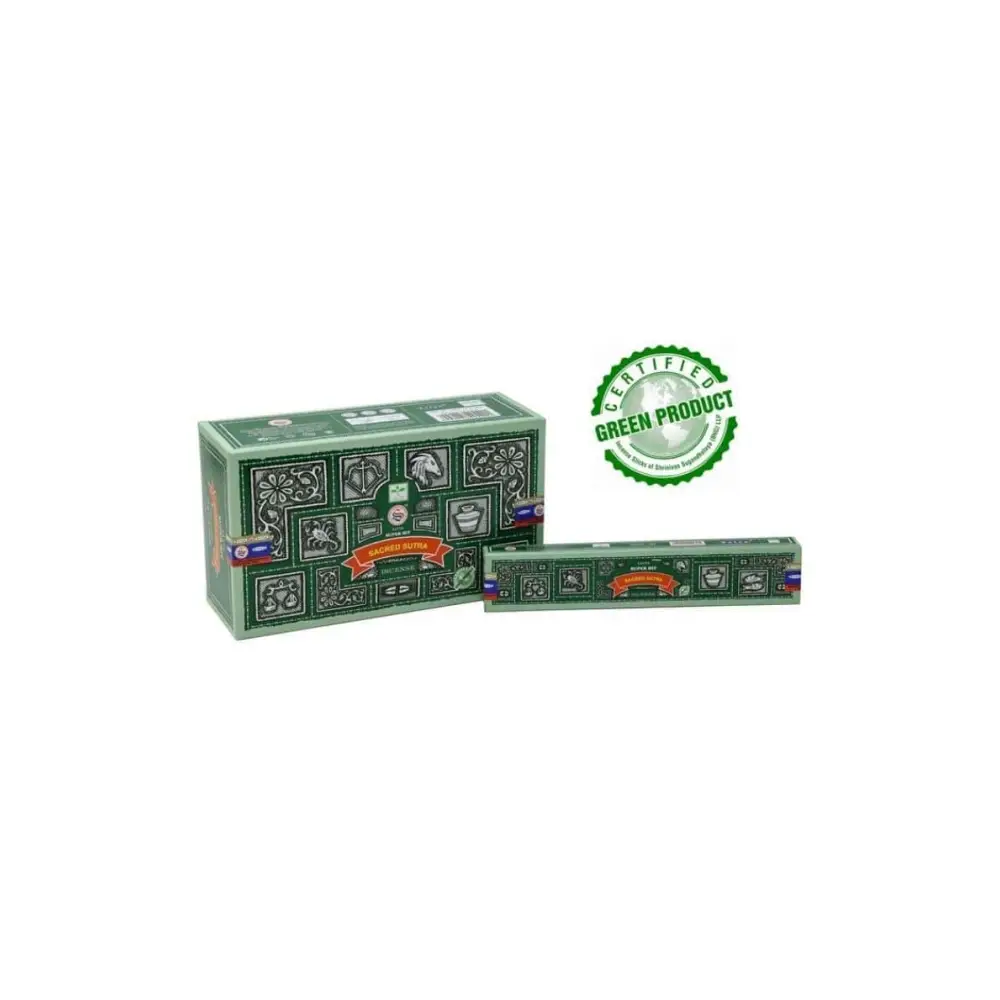 Sacred Sutra Satya Räucherstäbchen: grüner Kasten mit Goldmustern und Sacred Incense Banner