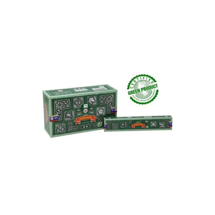 Sacred Sutra Satya Räucherstäbchen: grüner Kasten mit Goldmustern und Sacred Incense Banner