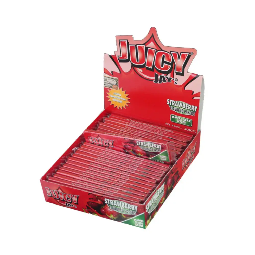 Rote Kartonbox mit Strawberry Juicy Jays King Size Slim Papers, Headshop