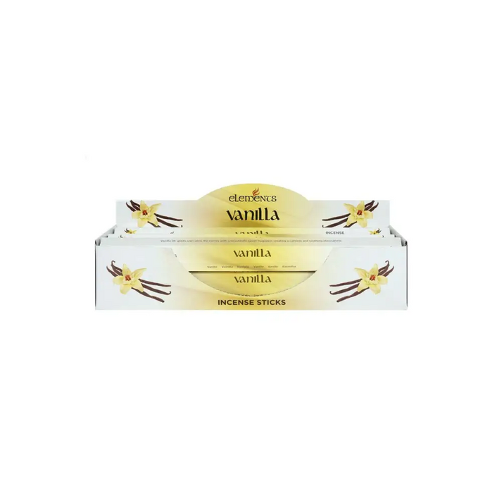 Weiß-goldene Elements Vanilla Räucherstäbchen-Verpackung mit Vanilleblüten