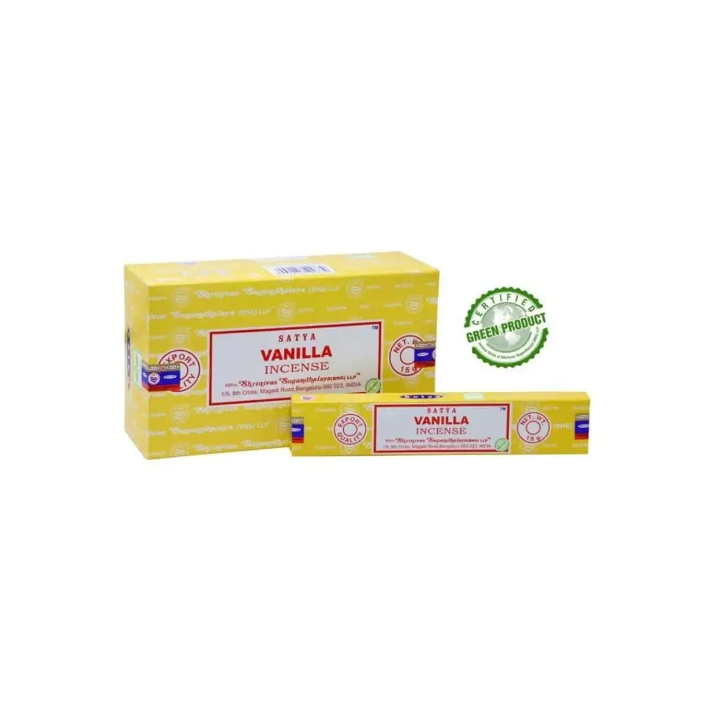 Satya Vanilla Räucherstäbchen gelbes Paket mit roter weißer Beschriftung