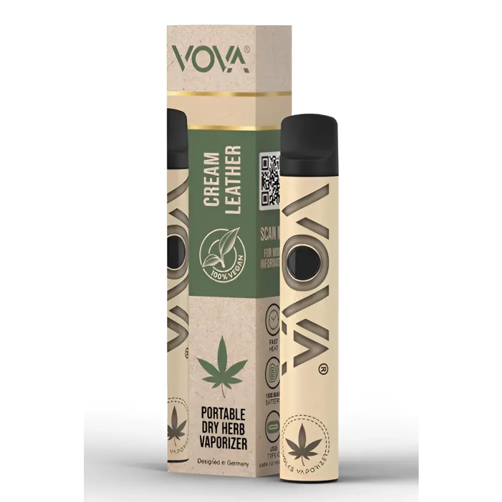 Vova Vaporizer Cream Leather: cremegelber tragbarer Kräutervaporizer mit schwarzem Deckel